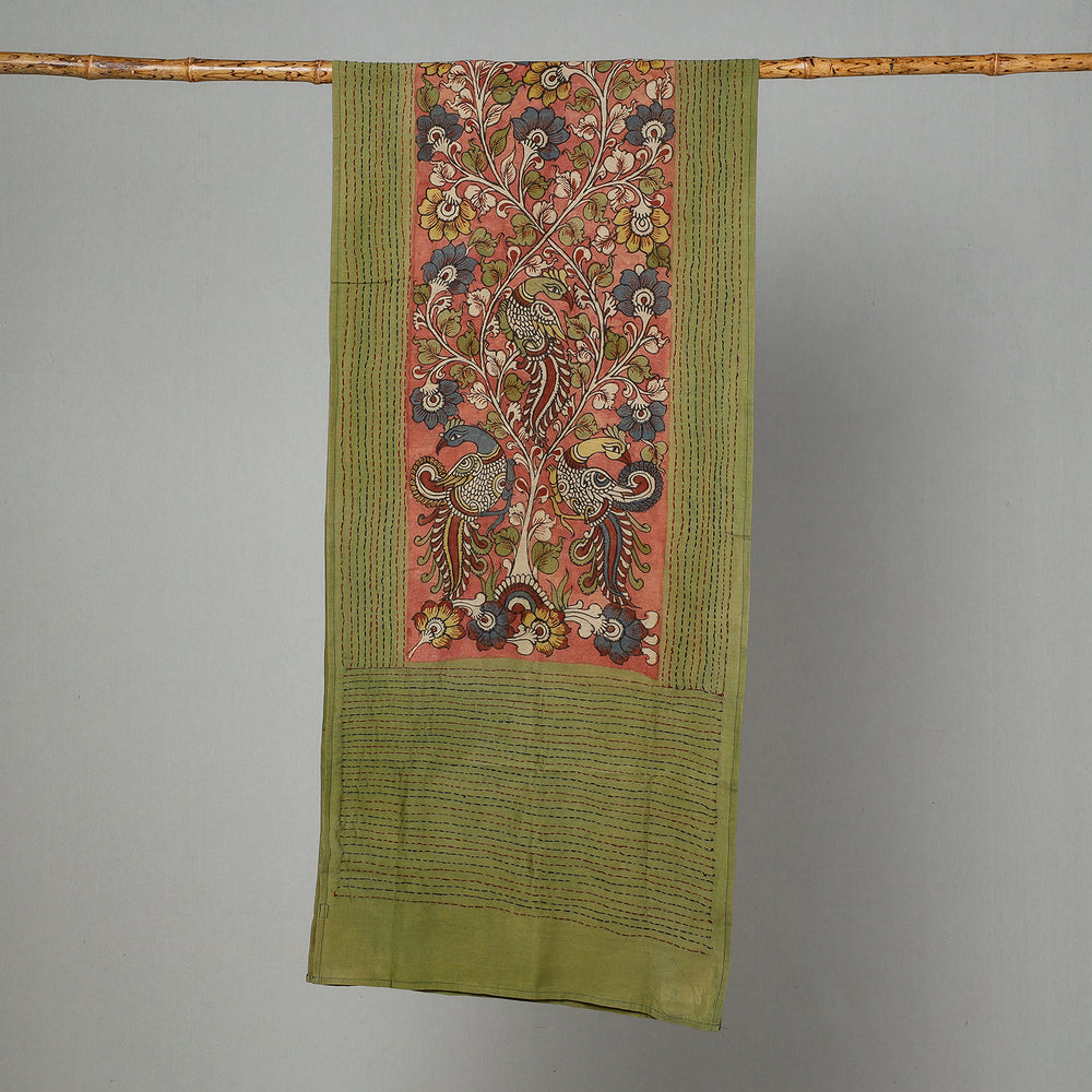 Green - Kalamkari Handpainted Pure Handloom Chanderi Silk Thread Work Stole