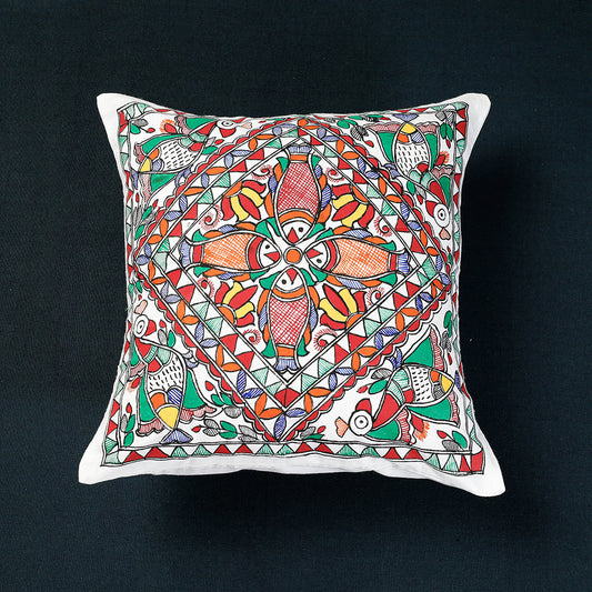 Multicolor - Madhubani Handpainted Cotton Cushion Cover (16 x 16 in)