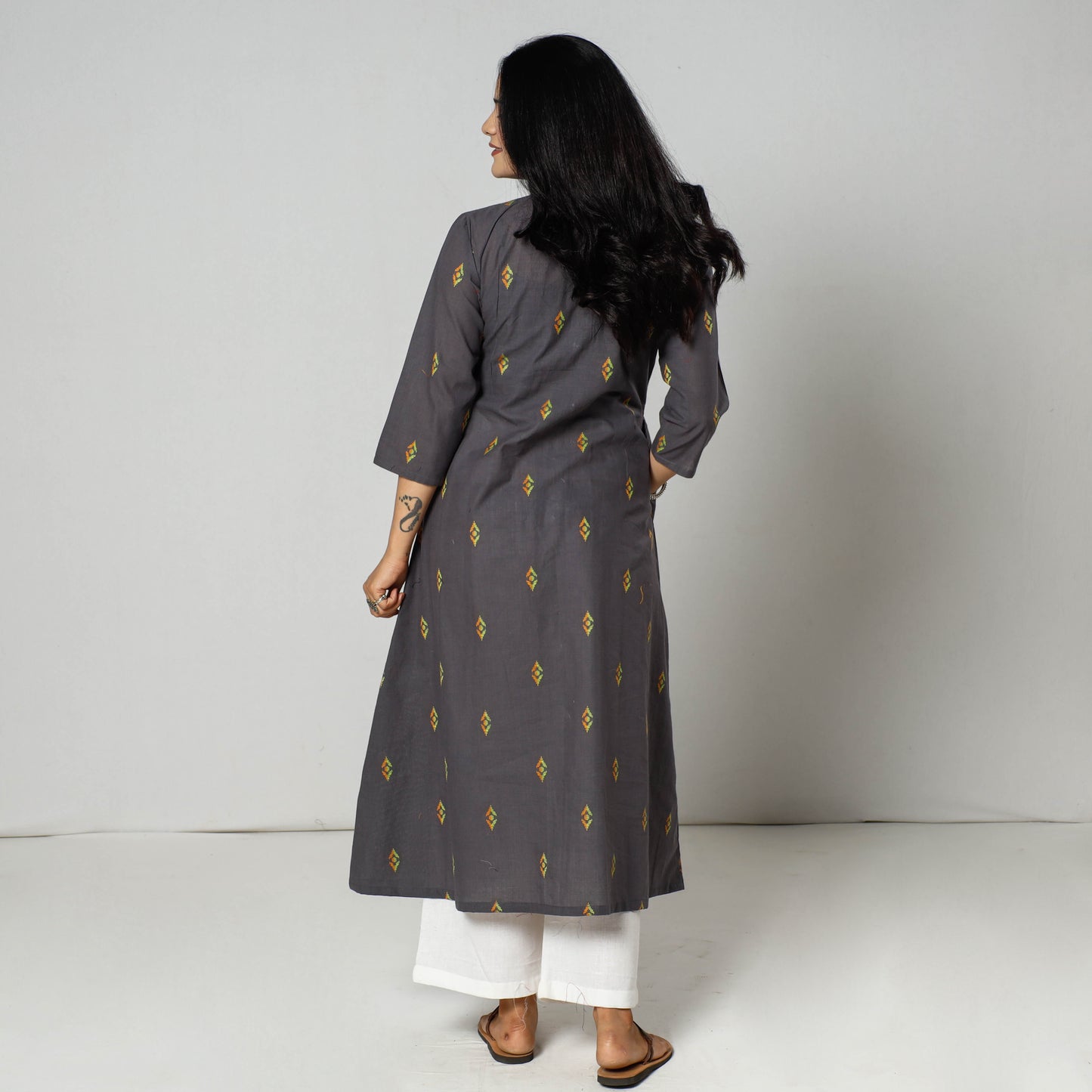 Grey - Jacquard Cotton Long Kurti