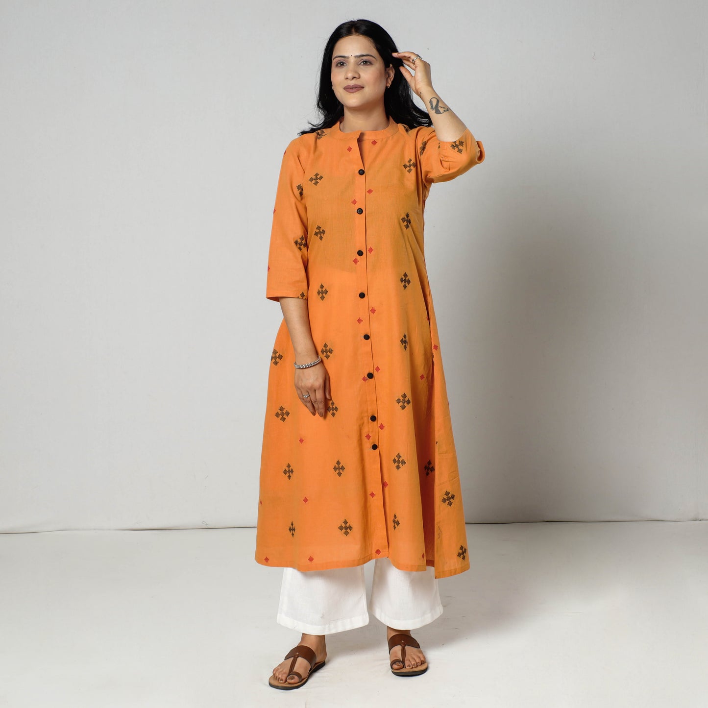 Orange - Jacquard Cotton Long Kurti