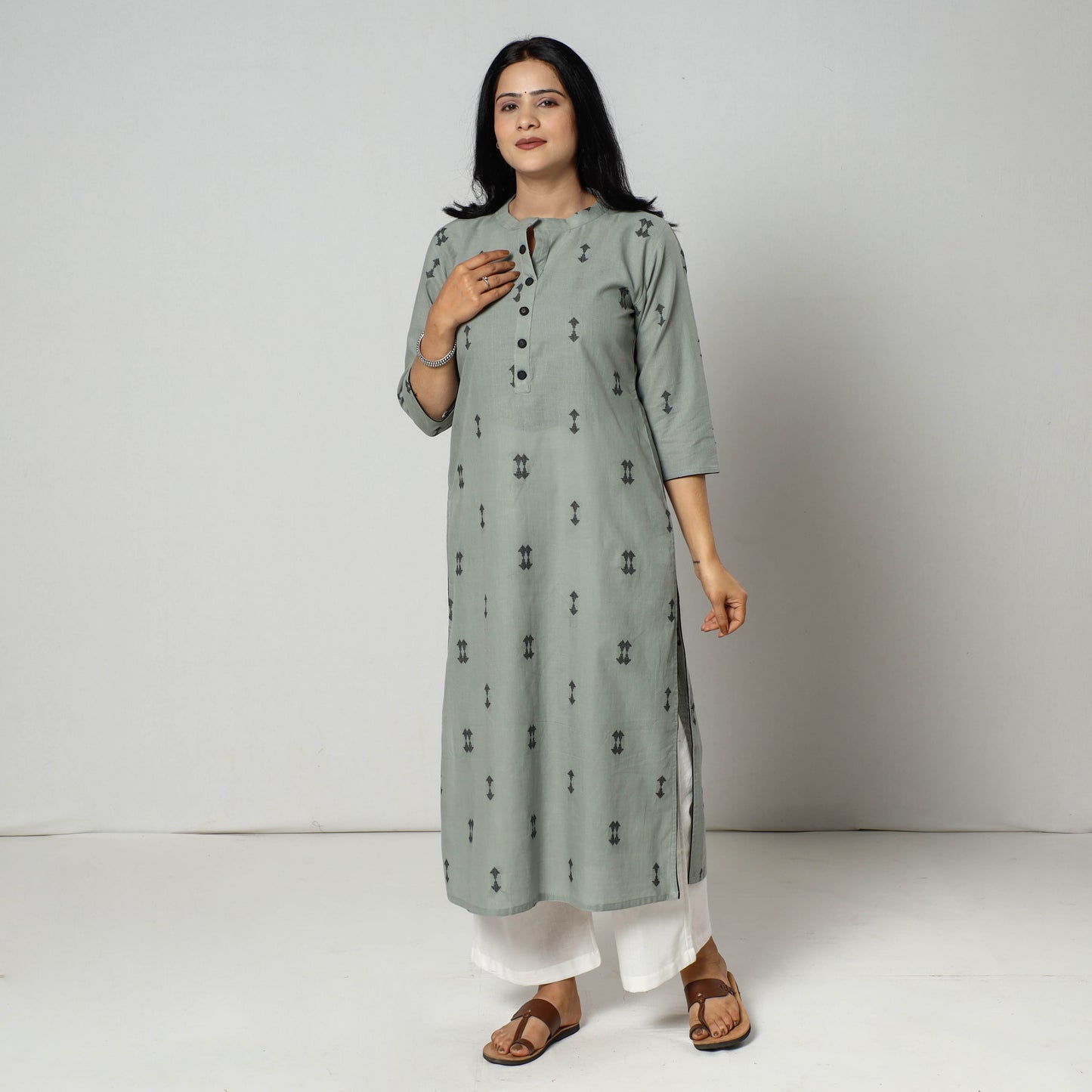 Grey - Jacquard Cotton Long Straight Kurta