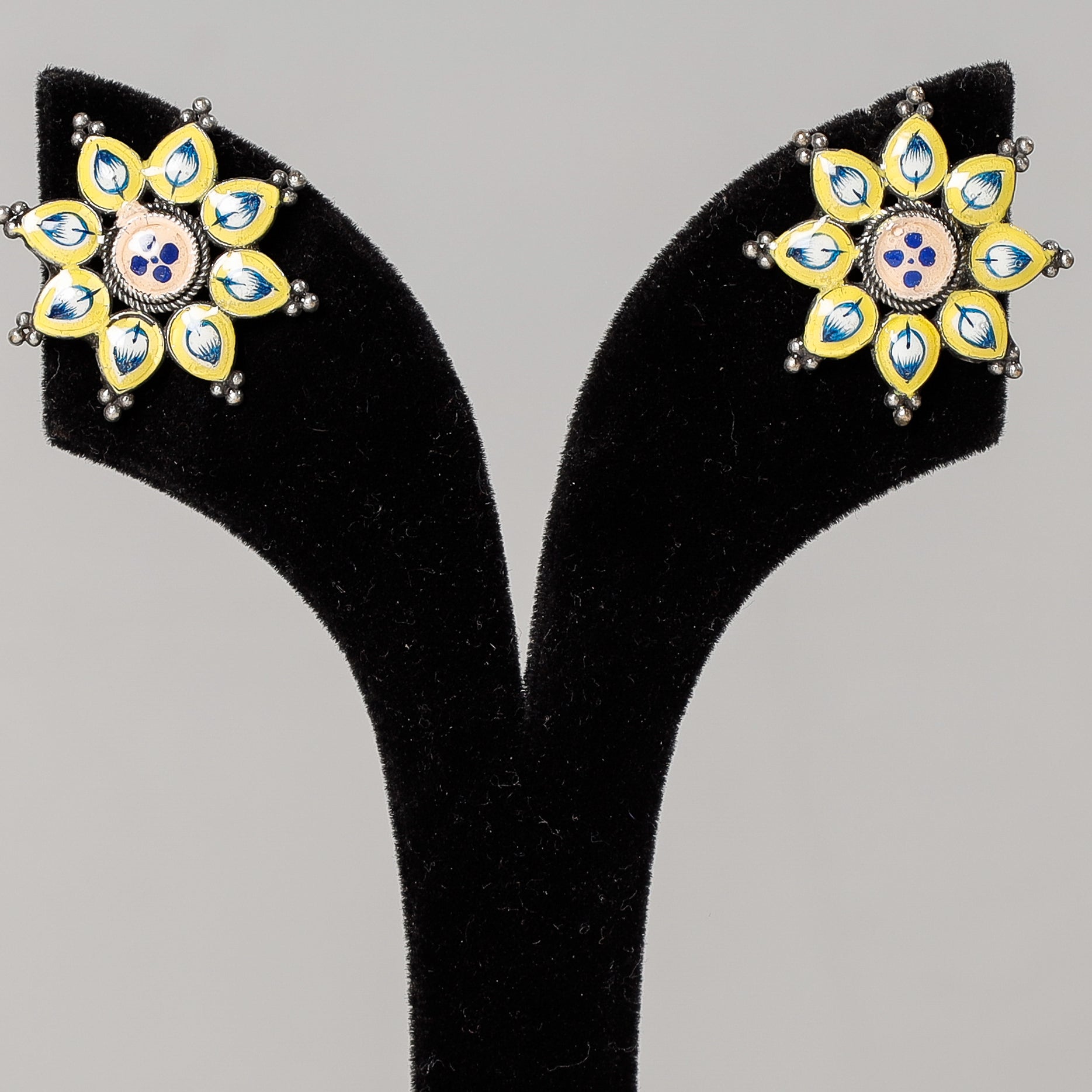  Antique Silver Finish Oxidised Brass Base Enamel Work Stud Earrings 