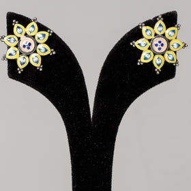  Antique Silver Finish Oxidised Brass Base Enamel Work Stud Earrings 