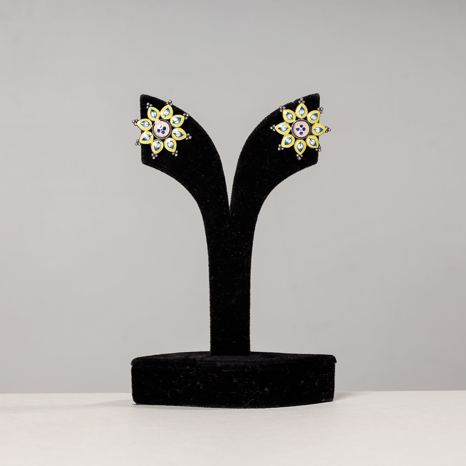  Antique Silver Finish Oxidised Brass Base Enamel Work Stud Earrings 