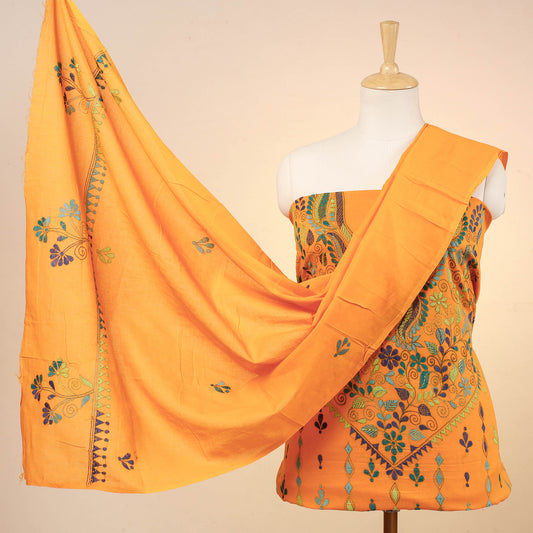 Orange - 3pc Bengal Kantha Embroidery Cotton Suit Material Set