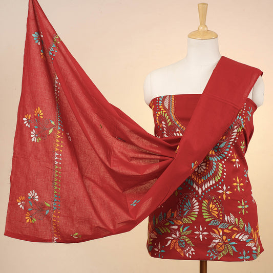 Red - 3pc Bengal Kantha Embroidery Cotton Suit Material Set