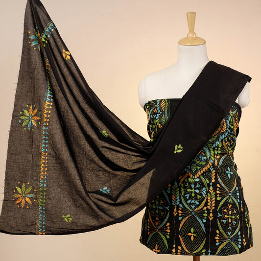 Black - 3pc Bengal Kantha Embroidery Cotton Suit Material Set