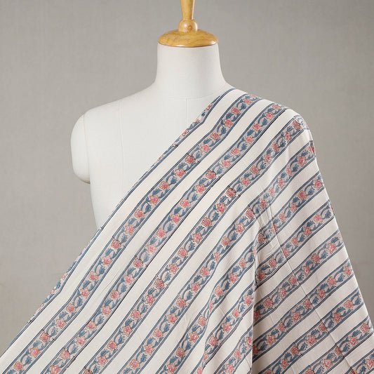 White Floral Striped Sanganeri Block Printed Cotton Fabric
