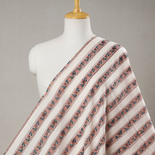 White - Blossoming Flower Striped Pattern Sanganeri Block Printing Cotton Fabric