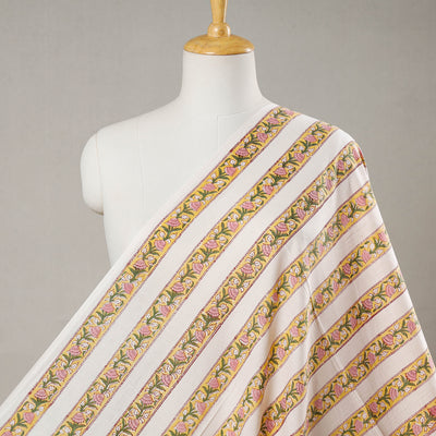White - Yellow Floral Stripes Sanganeri Block Printing Cotton Fabric