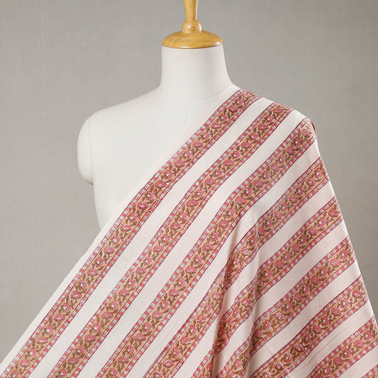 Multicolor - Blooming Florals On Peach Stripe & White Sanganeri Block Printed Cotton Fabric