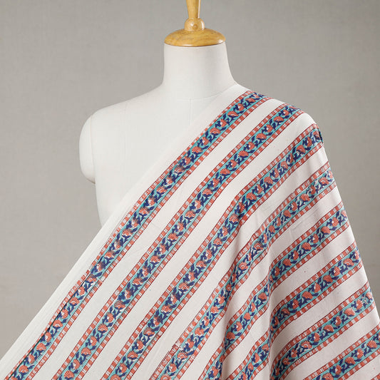 Multicolor - Floral Striped & White Sanganeri Block Printed Cotton Fabric