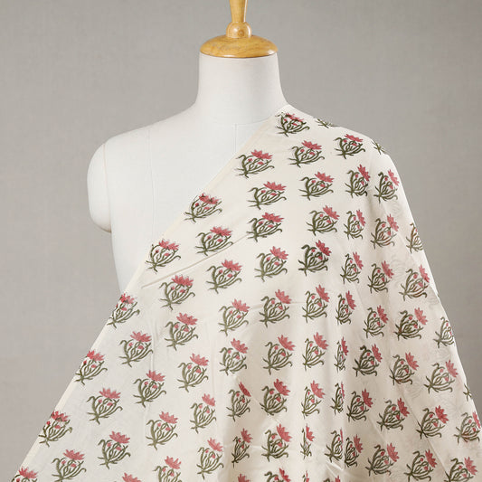 White - Lotus Motifs Pattern Sanganeri Block Printing Cotton Fabric