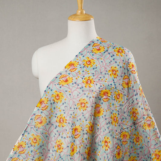 Multicolor - Yellow Blooms Sanganeri Block Printing Chanderi Silk Fabric