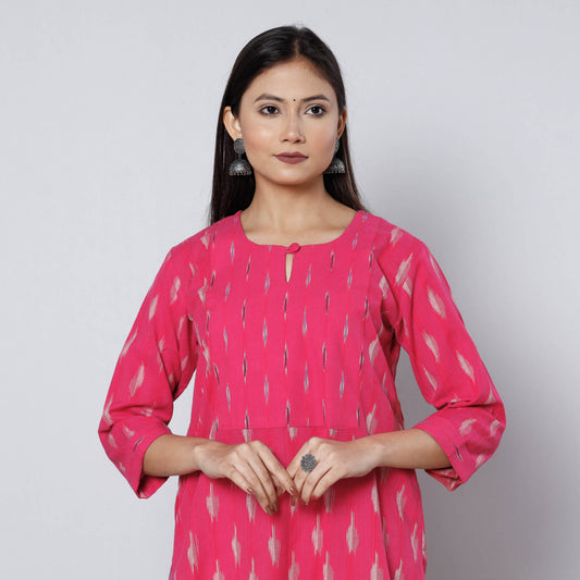 Pink - Pochampally Ikat Weave Cotton Long Straight Kurta