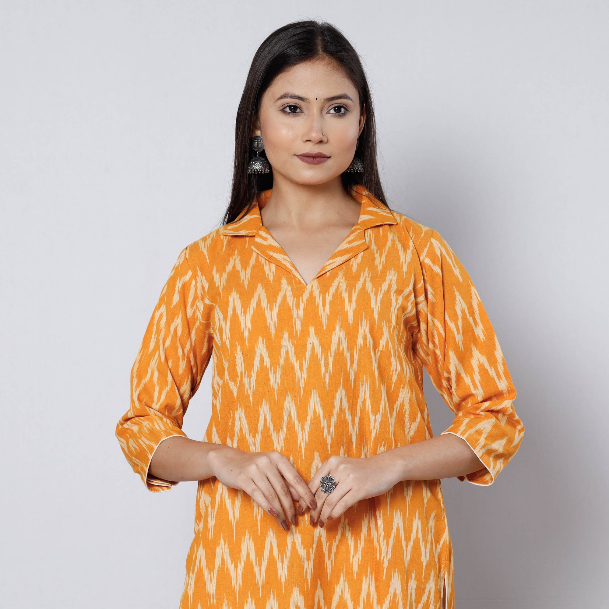 Buy Orange Pochampally Ikat Weave Cotton Long Kurta 