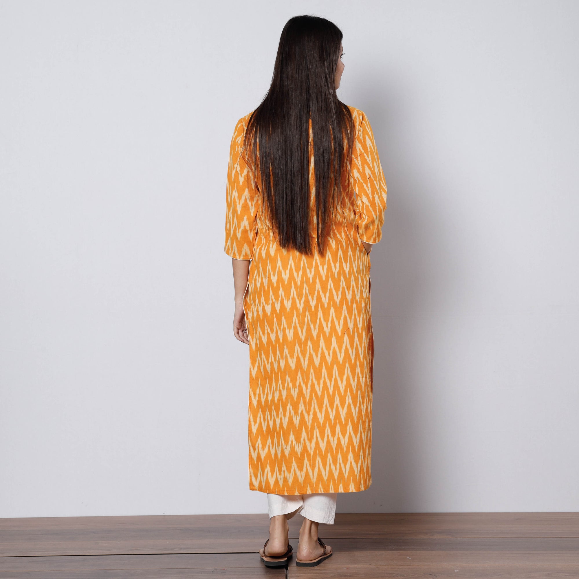 Buy Orange Pochampally Ikat Weave Cotton Long Kurta 