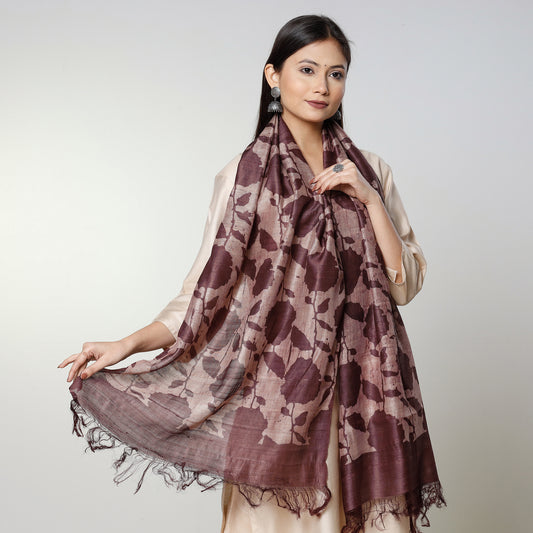 Maroon - Bindaas Block Art Printing Tussar Silk Handloom Stole