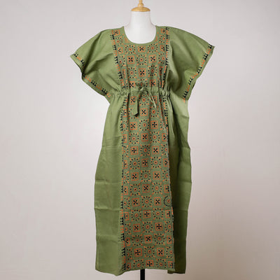 Green - Bengal Kantha Embroidery Cotton Kaftan with Tie-Up Waist (Long)