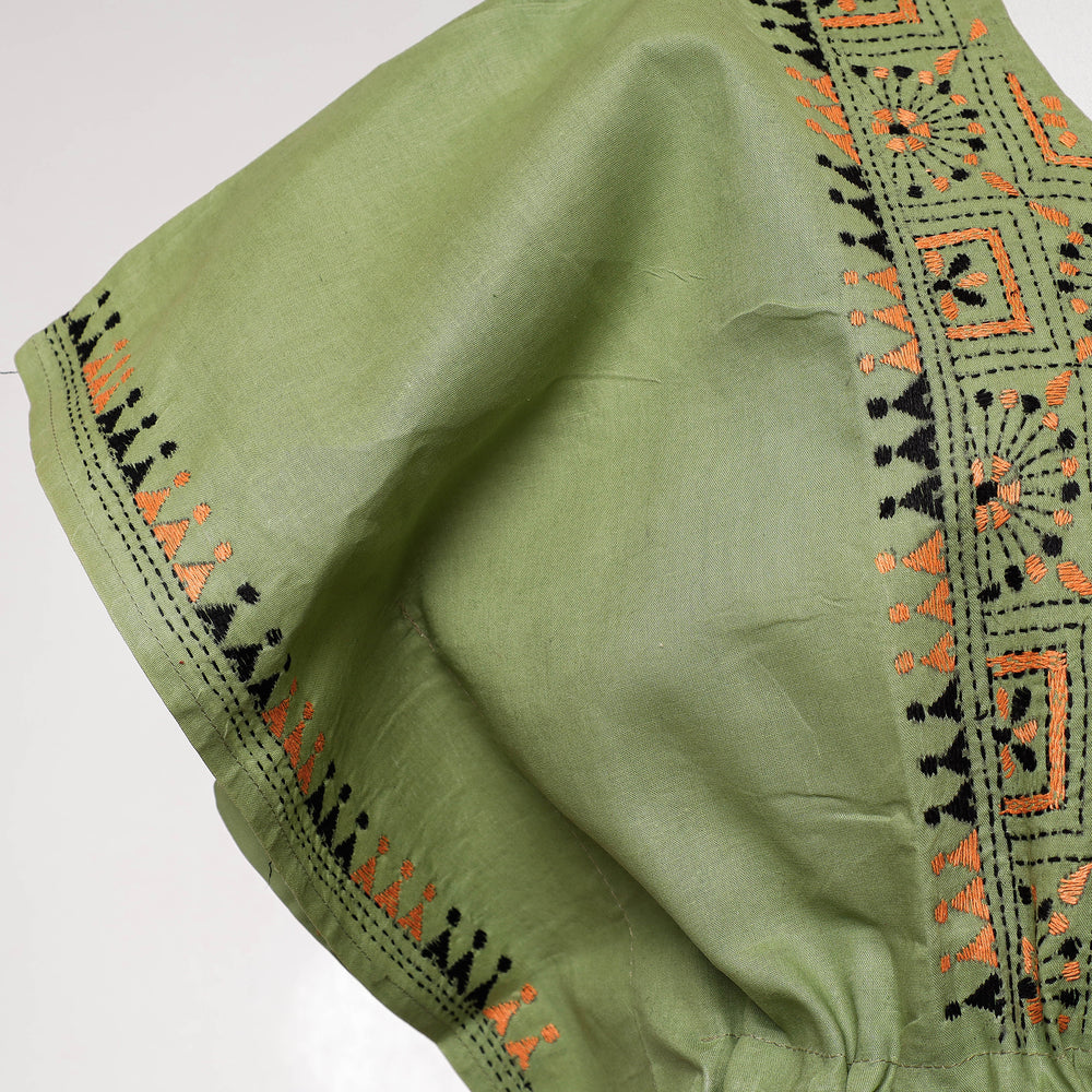 Green - Bengal Kantha Embroidery Cotton Kaftan with Tie-Up Waist (Long)