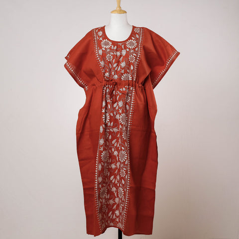 Red - Bengal Kantha Embroidery Cotton Kaftan with Tie-Up Waist (Long)