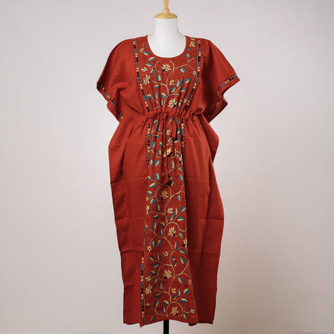 Red - Bengal Kantha Embroidery Cotton Kaftan with Tie-Up Waist (Long)