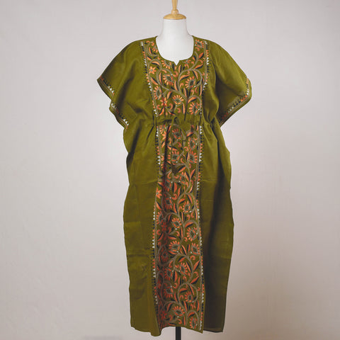 Green - Bengal Kantha Embroidery Cotton Kaftan with Tie-Up Waist (Long)