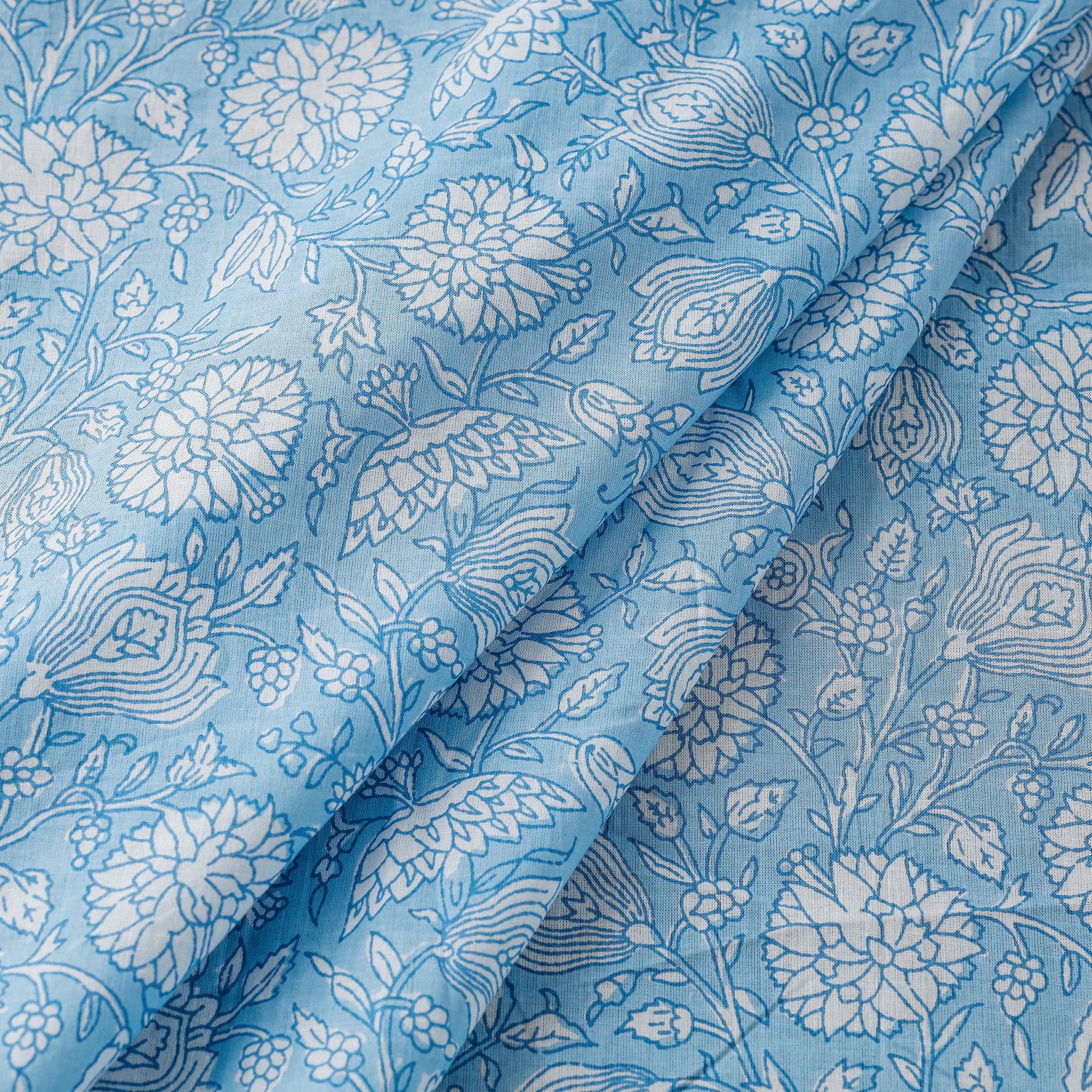 Blue - Sanganeri Block Printed Cotton Fabric