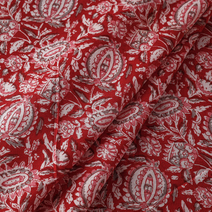 Pomegranate Red Florals Sanganeri Block Printed Cotton Fabric