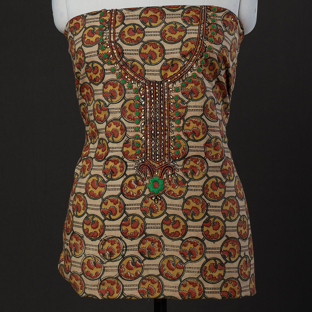 Embroidered Cotton Kalamkari Print Kurta Material (2.65m)