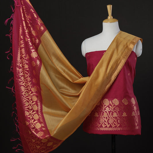Pink - 3pc Handloom Silk Cotton Zari Suit Material Set