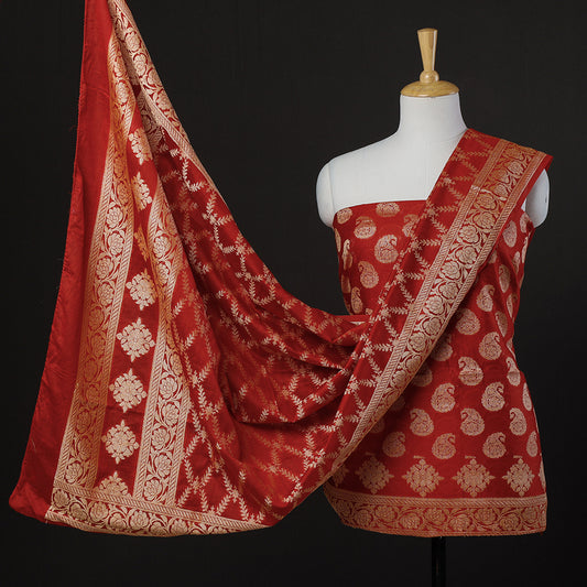 Red - 3pc Banarasi Mercerized Cotton Zari Buta Jaal Suit Material Set