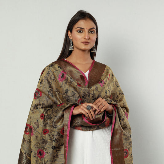 Brown - Pure Banarasi Handwoven Dupion Silk Heavy Zari Work Dupatta