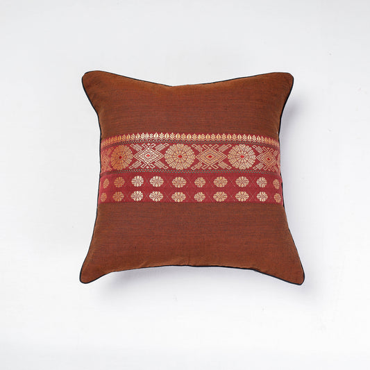 Brown - Assam Border Cotton Cushion Cover by Kritenya Manjuri (17 x 17 in)