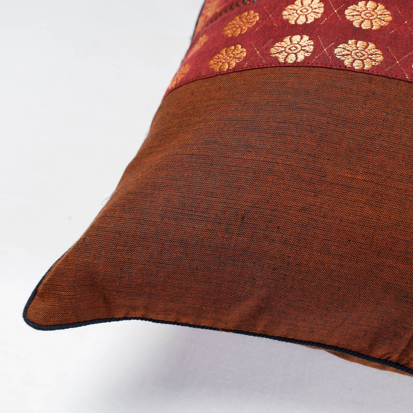 Brown - Assam Border Cotton Cushion Cover by Kritenya Manjuri (17 x 17 in)