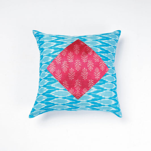 Blue - Pochampally Ikat & Modal Silk Block Printing Cotton Cushion Cover (16 x 16 in)