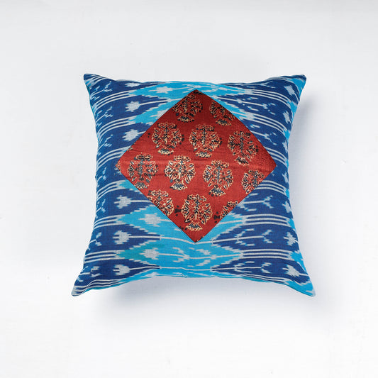 Blue - Pochampally Ikat & Modal Silk Block Printing Cotton Cushion Cover (16 x 16 in)