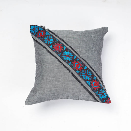 Grey - Assam Border Cotton Cushion Cover by Kritenya Manjuri (17 x 17 in)