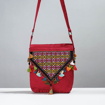 Red - Soof Stitch Embroidery Pure Handloom Mashru Silk Sling Flap Bag