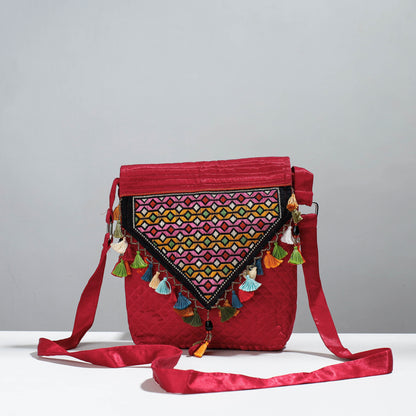 Soof Stitch Embroidery Pure Handloom Mashru Silk Sling Flap Bag