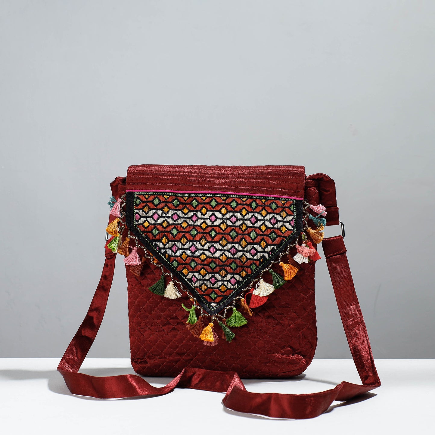 Brown - Soof Stitch Embroidery Pure Handloom Mashru Silk Sling Flap Bag