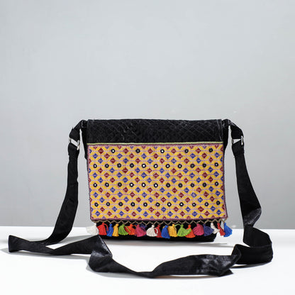 Black - Soof Stitch Embroidery Pure Handloom Mashru Silk Sling Flap Bag