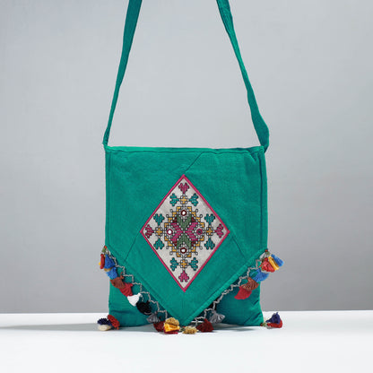 Green - Soof Stitch Embroidery Pure Handloom Cotton Sling Flap Bag