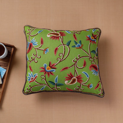 Green - Aari Hand Embroidery Cotton Duck Cushion Cover (16 x 16 in)
