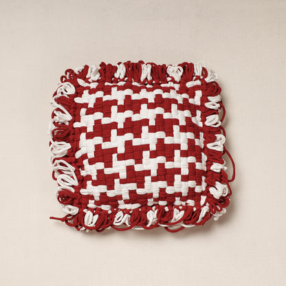 Red - Handwoven Upcycled Cotton Cushion Cover (12 x 12 in)