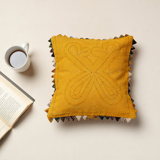 Yellow - Kala Raksha Tagai Work Cotton Cushion Cover (12 x 12 in)