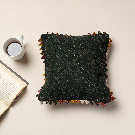Green - Kala Raksha Tagai Work Cotton Cushion Cover (12 x 12 in)