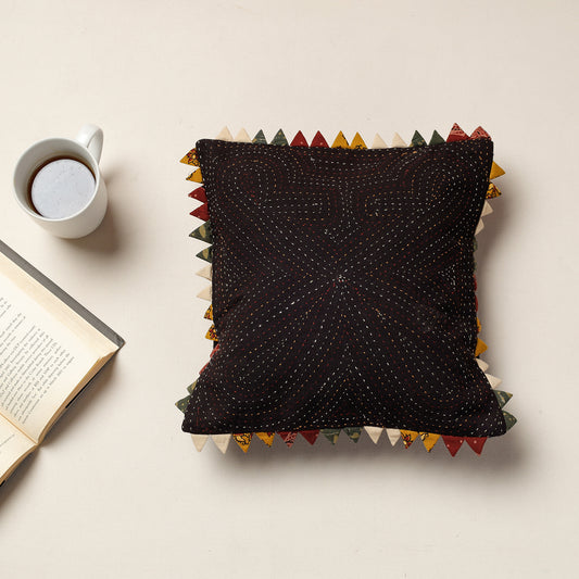 Black - Kala Raksha Tagai Work Cotton Cushion Cover (12 x 12 in)