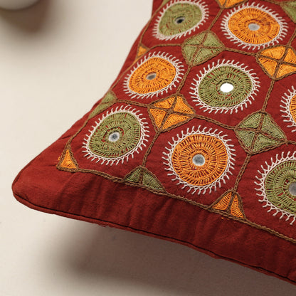 Orange - Kala Raksha Rabari Hand Embroidery Cotton Cushion Cover (13 x 13 in)