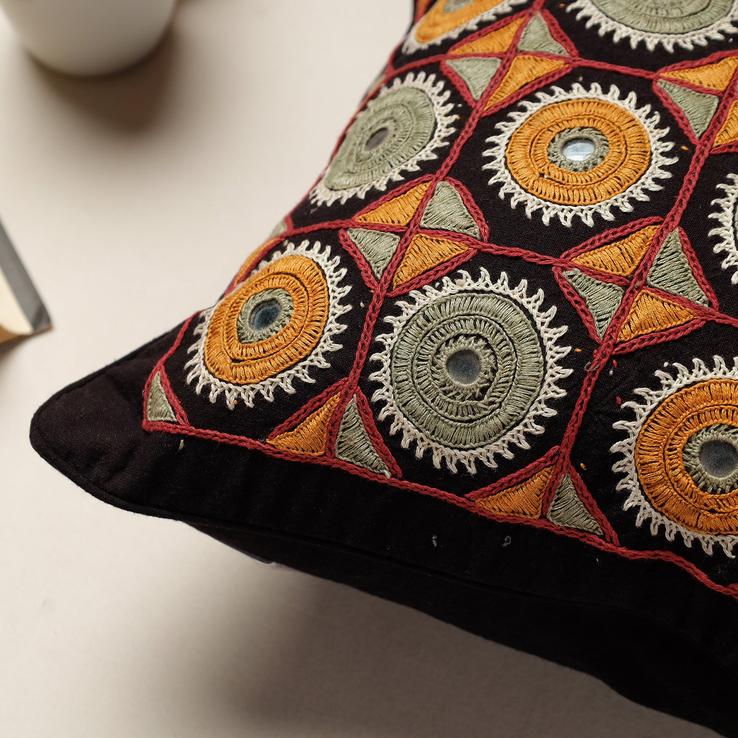 Black - Kala Raksha Rabari Hand Embroidery Cotton Cushion Cover (13 x 13 in)